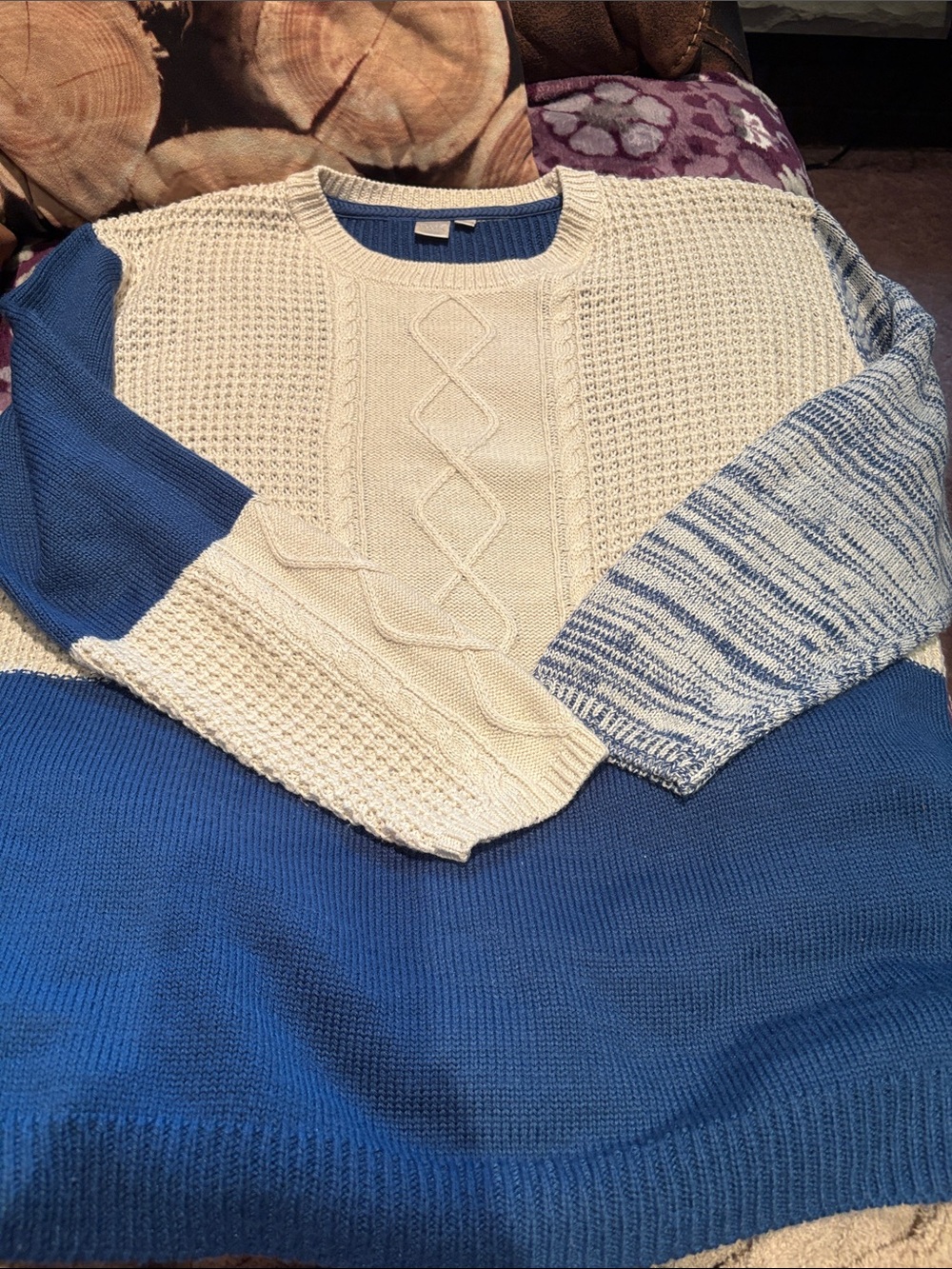 twik Colorblock Cable & Textured Knit Sweater - Cream & Blue